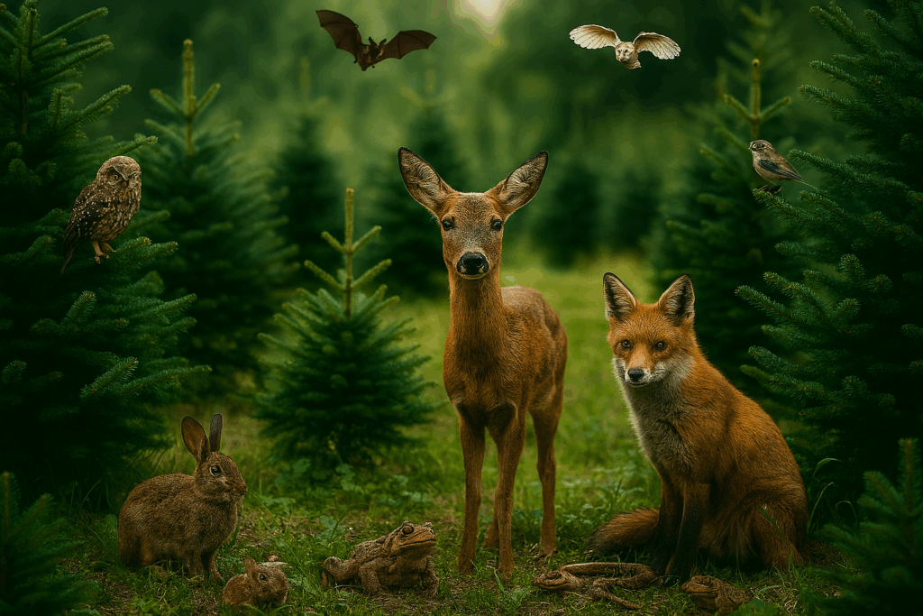 Tierwelt im Tannenwald: Kaninchen, Reh, Fuchs, Eule, Fledermaus, Blindschleiche, Kröte und Vögel zwischen Weihnachtsbäumen